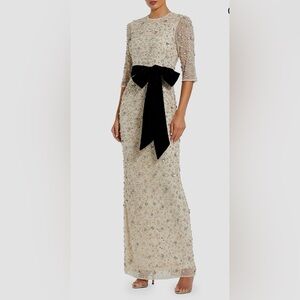NWTs MacDuggal Beaded Oyster Column Dress with Velvet Black Bow. Sz6